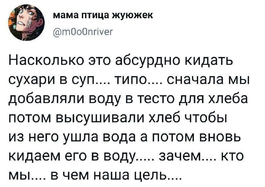 мама птица жуюжек тіюипгшег Насколько это абсурдно кидать сухари в суп типо сначала мы добавляли воду в тесто для хлеба потом высушивали хпеб чтобы из него ушпа вода а потом вновь кидаем его в воду зачем кто ы в чем наша цель