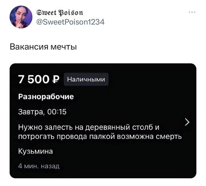 зштшызм ПЦ Вакансия мечты 7 500 Надиыми Разнорабочие 355703 0015 нужна залесть на деревянный столб и пшроГать провода папкой возможна смерть Кучьмина