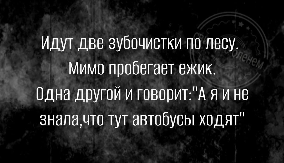 Идут две зубочистки по лесу Мими пробегает ежик Пдна другой и говоритА я и не зналачто тут автобусы ходят