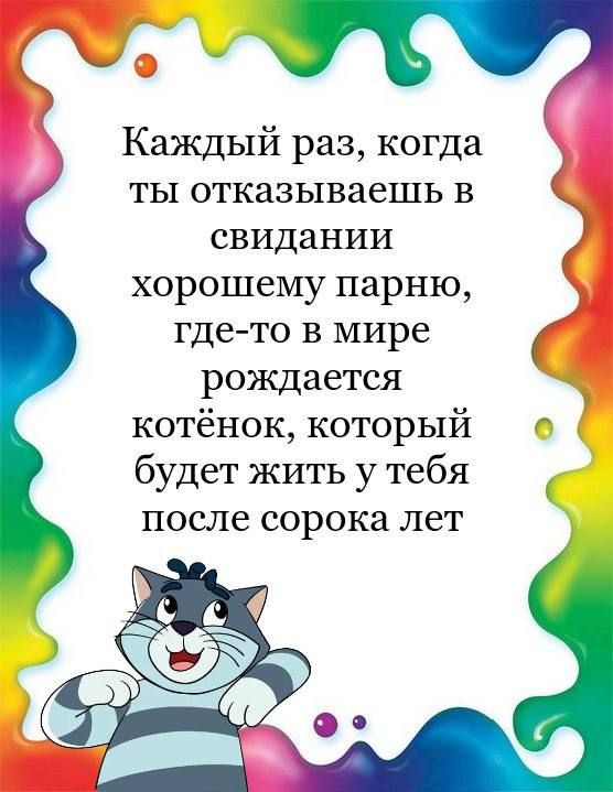 Каждый раз когда ты отказываешь в свидании хорошему парню где то в мире рождается котёнок который будет жить у тебя после сорока лет