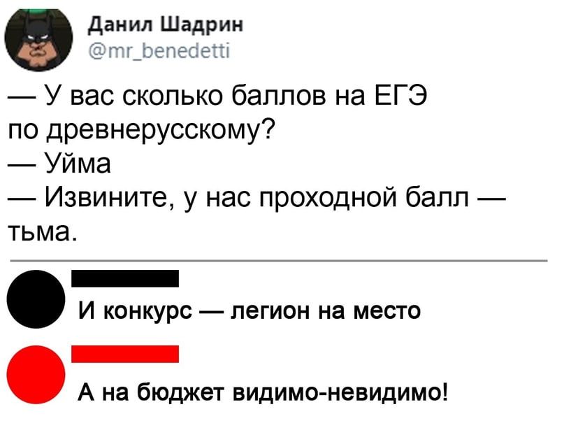 дания Шадрин У вас сколько баллов на ЕГЭ по древнерусскому Уйма Извините у нас проходной балл тьма _ и конкурс легион на место _ А на бюджет видимсъневидимо