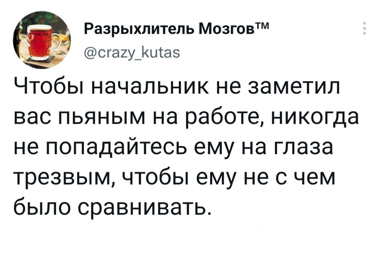 Разрыхпитепь Мозгов сгаху_южа5 Чтобы начальник не заметил вас пьяным на работе никогда не попадайтесь ему на глаза трезвым чтобы ему не с чем было сравнивать