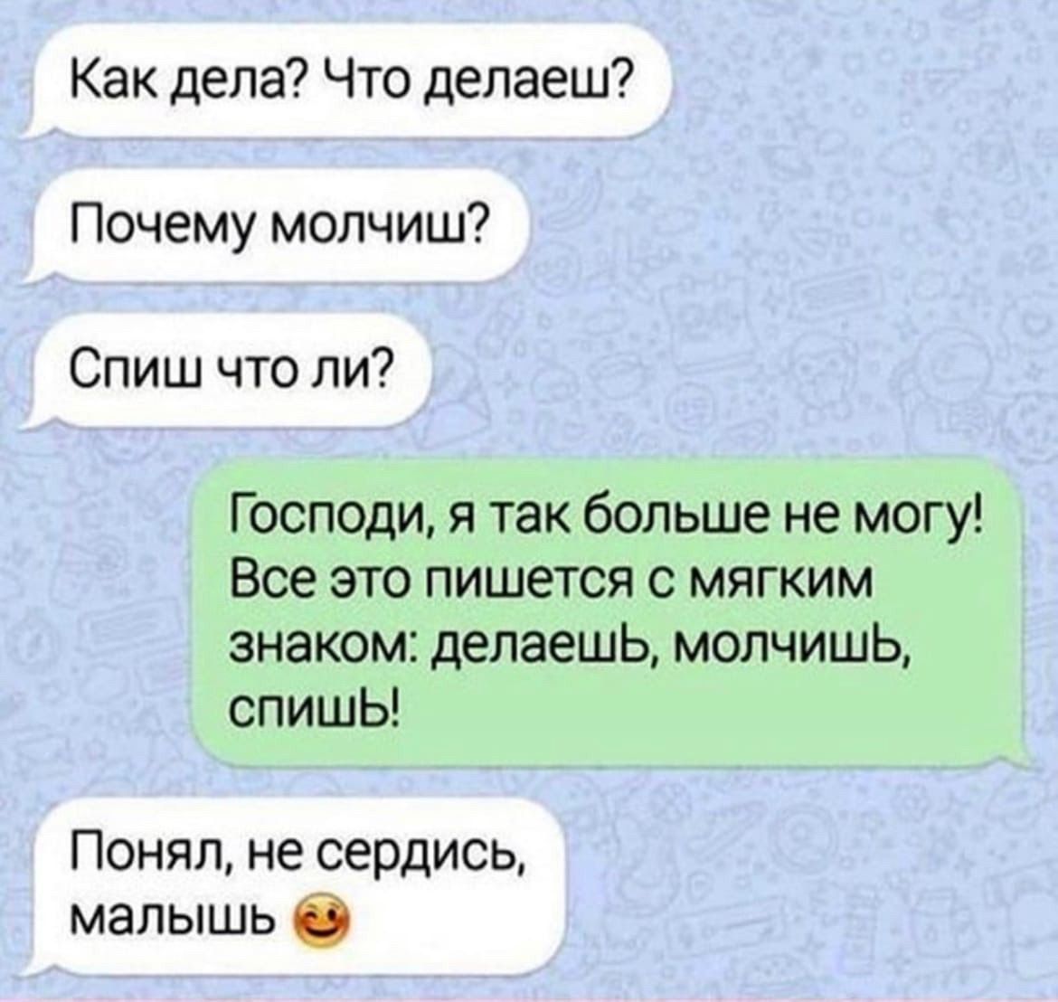 Как дела Что делаеш Почему мопчиш Спиш что ли Господи я так больше не могу Все это пишется с мягким знаком делаешь молчишь спишЬ Понял не сердись малышь О