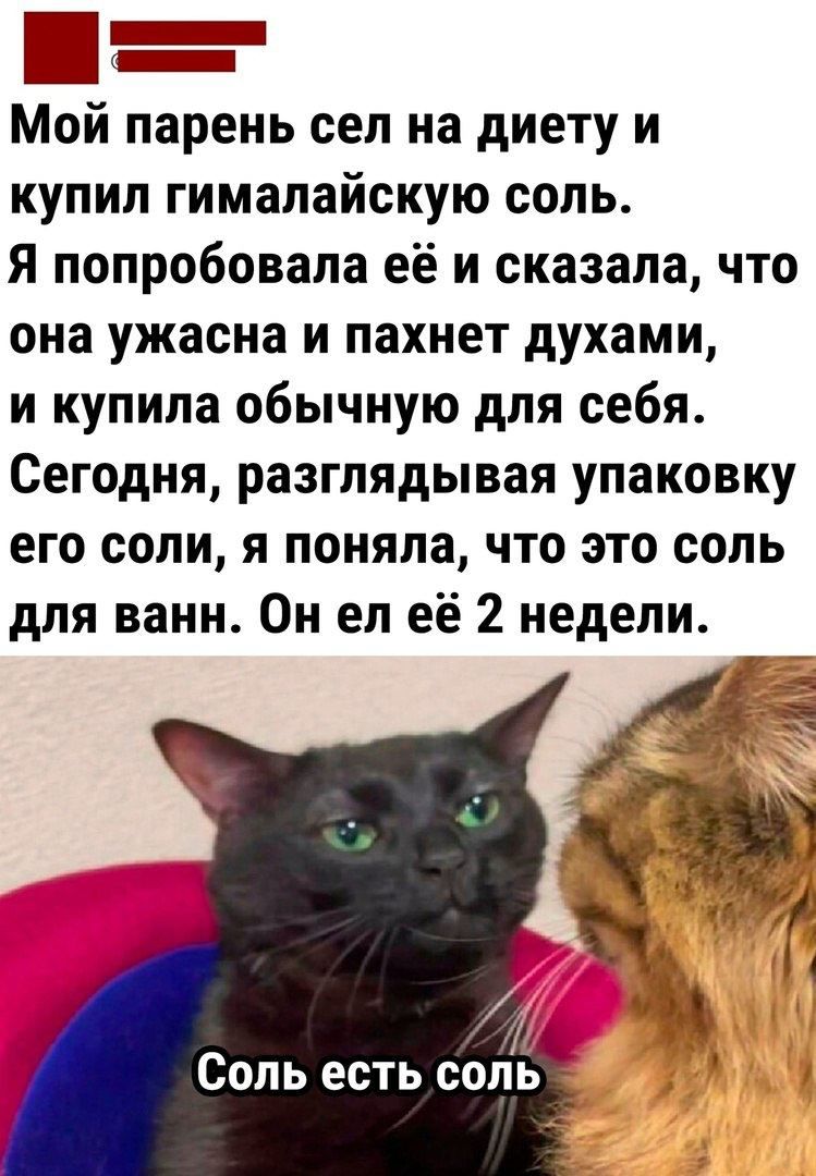 5 Мой парень сел на диету и купил гималайскую соль Я попробовала её и сказала что она ужасна и пахнет духами и купила обычную для себя Сегодня разглядывая упаковку его соли я поняла что это соль для ванн Он ел её 2 недели Соль есть соль