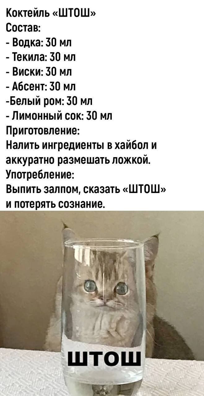 Коктейль ШТОШ Состав Водка 30 мл Текила 30 мл Виски 30 мл Абсент 30 мл Белый ром 30 мл Лимонный сок 30 мл Приготовление Налить ингредиенты в хайбол и аккуратно размешать ложкой Употребление Выпить залпом сказать ШТОШ И потерять сознание