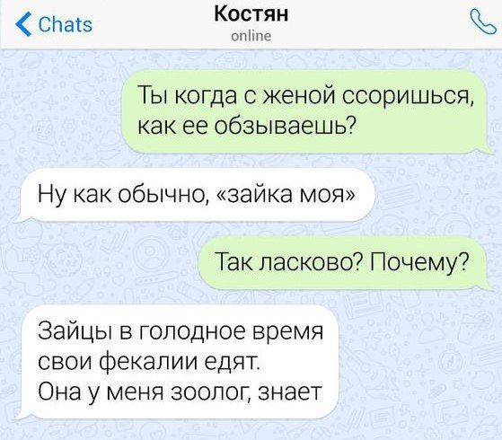 Костян спев Ты когда с женой ссоришься как ее обзываешь Ну как обычно зайка моя Так ласково Почему Зайцы в голодное время свои фекалии едят Она у меня зоопоп знает