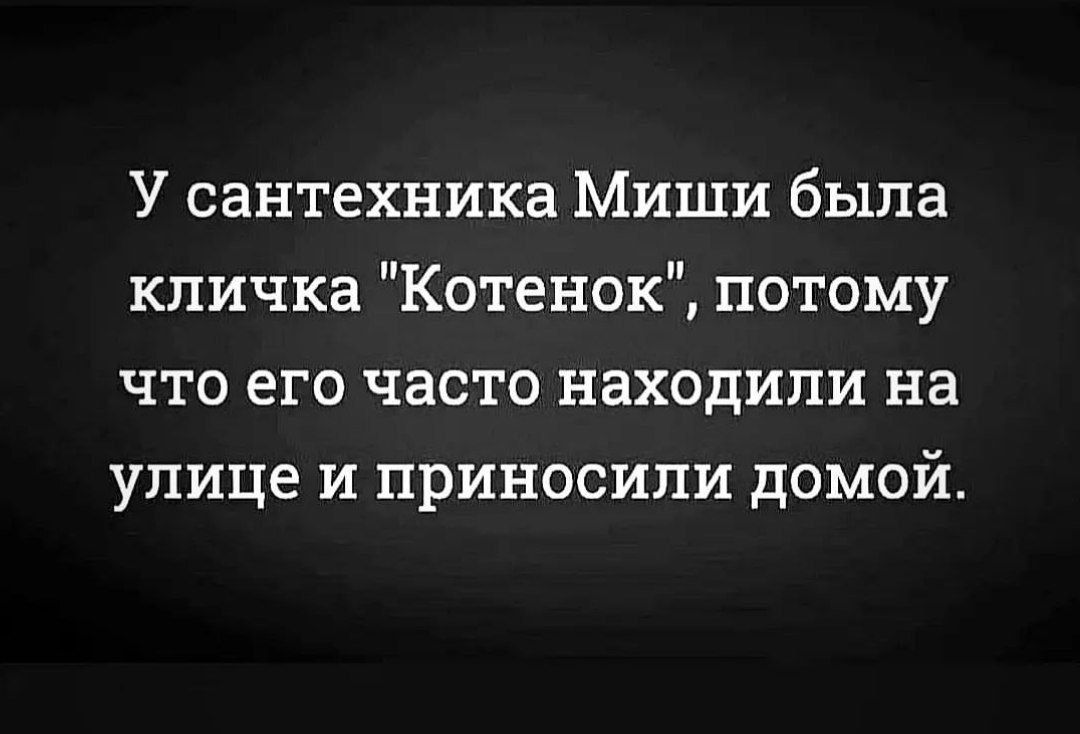 У сантехника Миши быпа кличка Котенок потому что его часто находили на улице и приносили домой