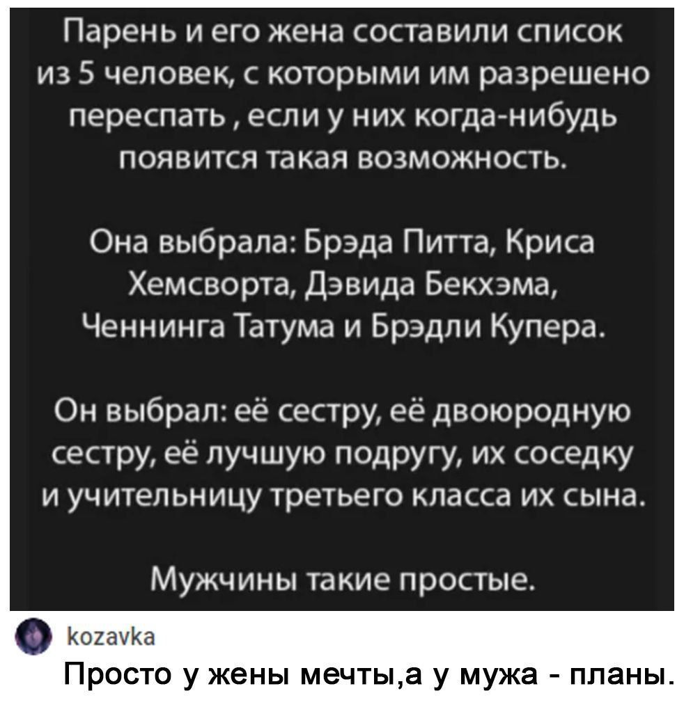 Парень и его жена составили список из 5 человек с которыми им разрешено переспать если у НИХ когда нибудь ПОЯВИТСЯ такая ВОЗМОЖНОСТЬ Она выбрала Брэда Питта Криса Хемсворта Дэвида Бекхэма Ченнинга Татума и Брэдли Купера Он выбрал её сестру её двоюродную сестру её лучшую подругу их соседку и учительницу третьего класса их сына Мужчины такие простые Просто у жены мечтыа у мужа ппаны