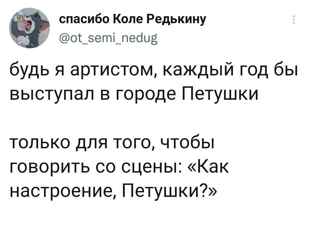 спасибо Коле Редькииу одзегпдпепцд будь я артистом каждый год бы выступал в городе Петушки только для того чтобы говорить со сцены Как настроение Петушки