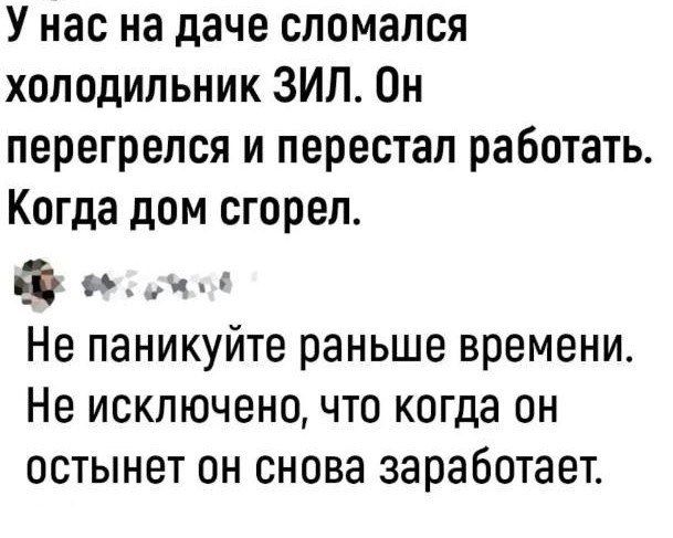 У нас на даче сломался холодильник ЗИП Он перегрелся и перестал работать Когда дом сгорел _ и Не паникуйте раньше времени Не исключено что когда он остынет он снова заработает