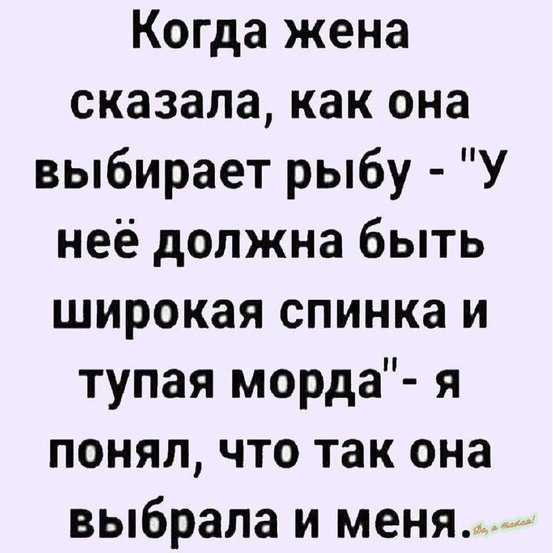 Когда жена сказала как она выбирает рыбу У неё должна быть широкая спинка и тупая морда я понял что так она выбрала и меня__