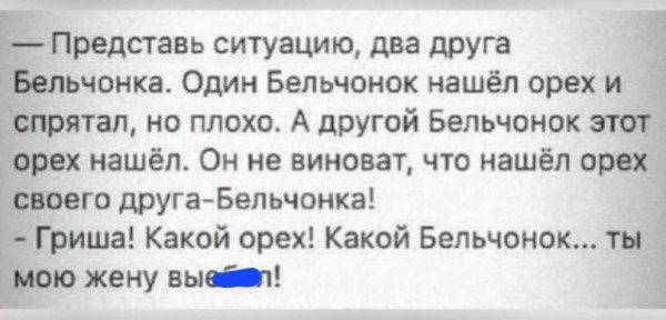 прелагавь ситуацию два друга чонка Один Бельчонок нашёл орех и ятал но плохо А другой Бельчонок мы нашёл Он не виноват что нашёл от го другаБельчонка Гриша Какой орех Какой Бельчонок и жену выч