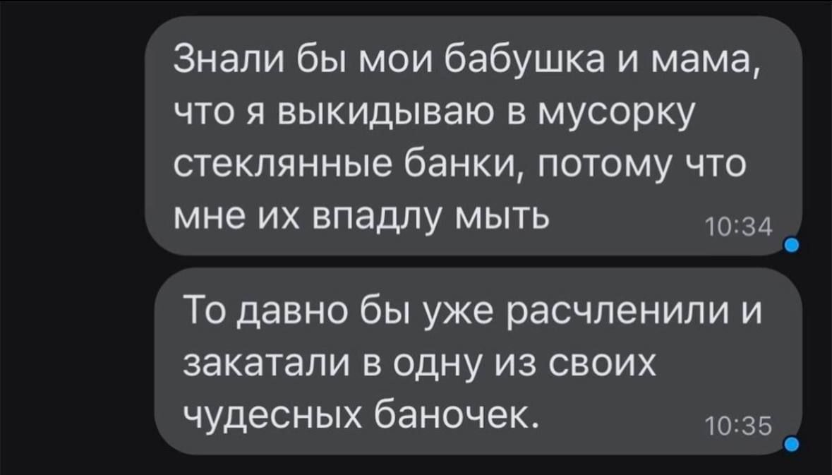 Знали бы мои бабушка и мама что я выкидываю в мусорку стеклянные банки потому что мне их впадлу мыть 34 То давно бы уже расчленили и закатали в одну из своих чудесных баночек 35