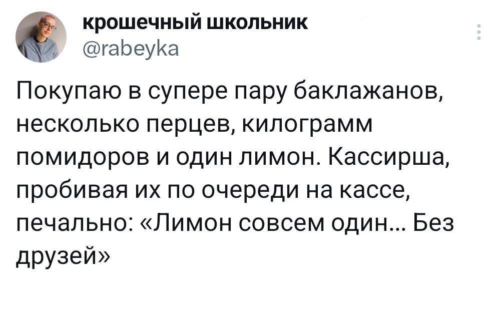 крошечный школьник гаЬеуКа Покупаю в супере пару баклажанов несколько перцев килограмм помидоров и один лимон Кассирша пробивая их по очереди на кассе печально Лимон совсем один Без друзей