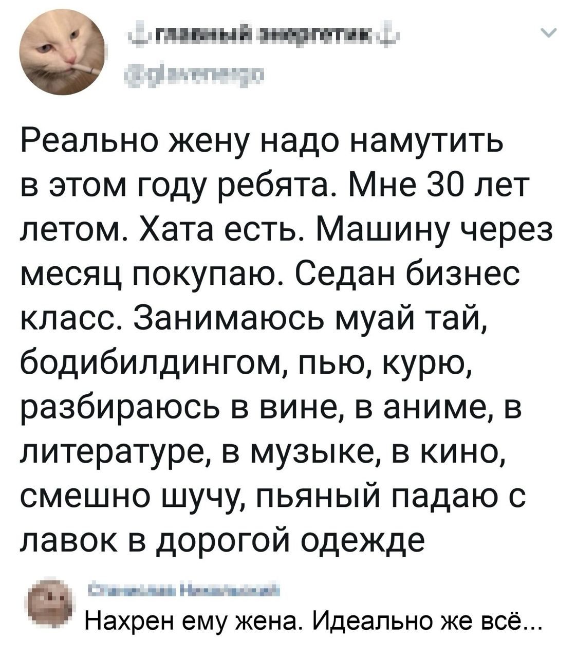 а _ щими _ Реально жену надо намутить в этом году ребята Мне 30 лет летом Хата есть Машину через месяц покупаю Седан бизнес класс Занимаюсь муай тай бодибилдингом пью курю разбираюсь в вине в аниме в литературе в музыке в кино смешно шучу пьяный падаю с лавок в дорогой одежде ш д Нахрен ему жена Идеально же всё