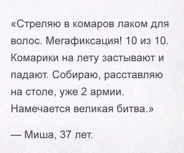 Стрепяю в комаров лаком для волос Мегафиксация 10 из 10 Комарики на лету застывают и падают Собираю расставпяю на столе уже 2 армии Намечается великая битва Миша 37 лет