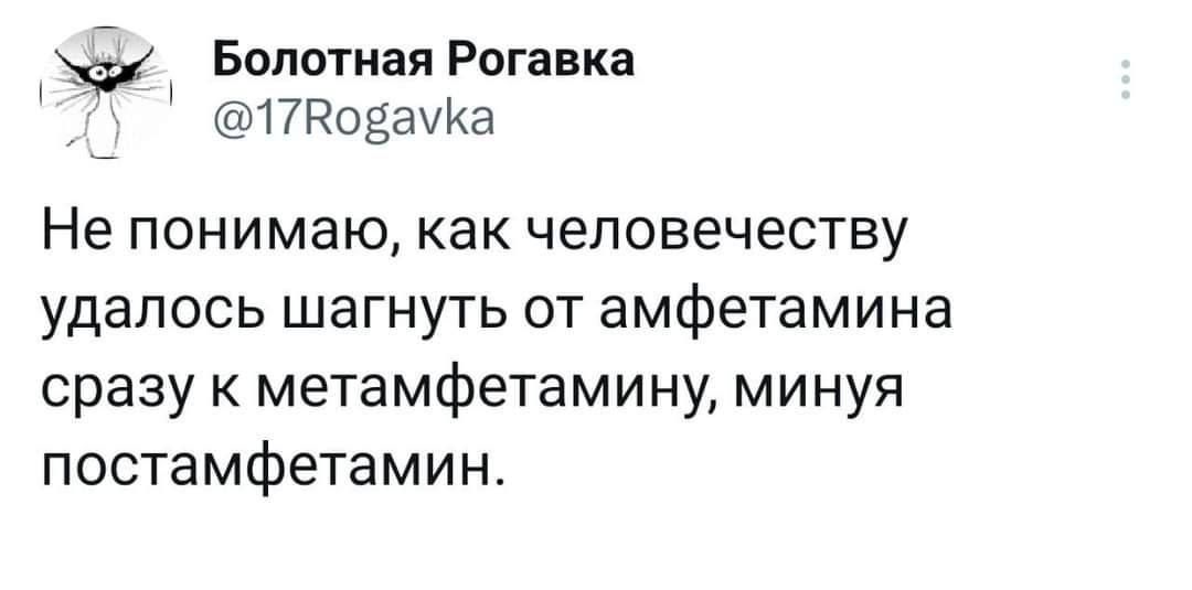 Болотная Рогавка ттодаииа Не понимаю как ЧЕЛОВЕЧЕСТВУ удалось шагнуть от амфетамина сразу к метамфетамину минуя постамфетамин