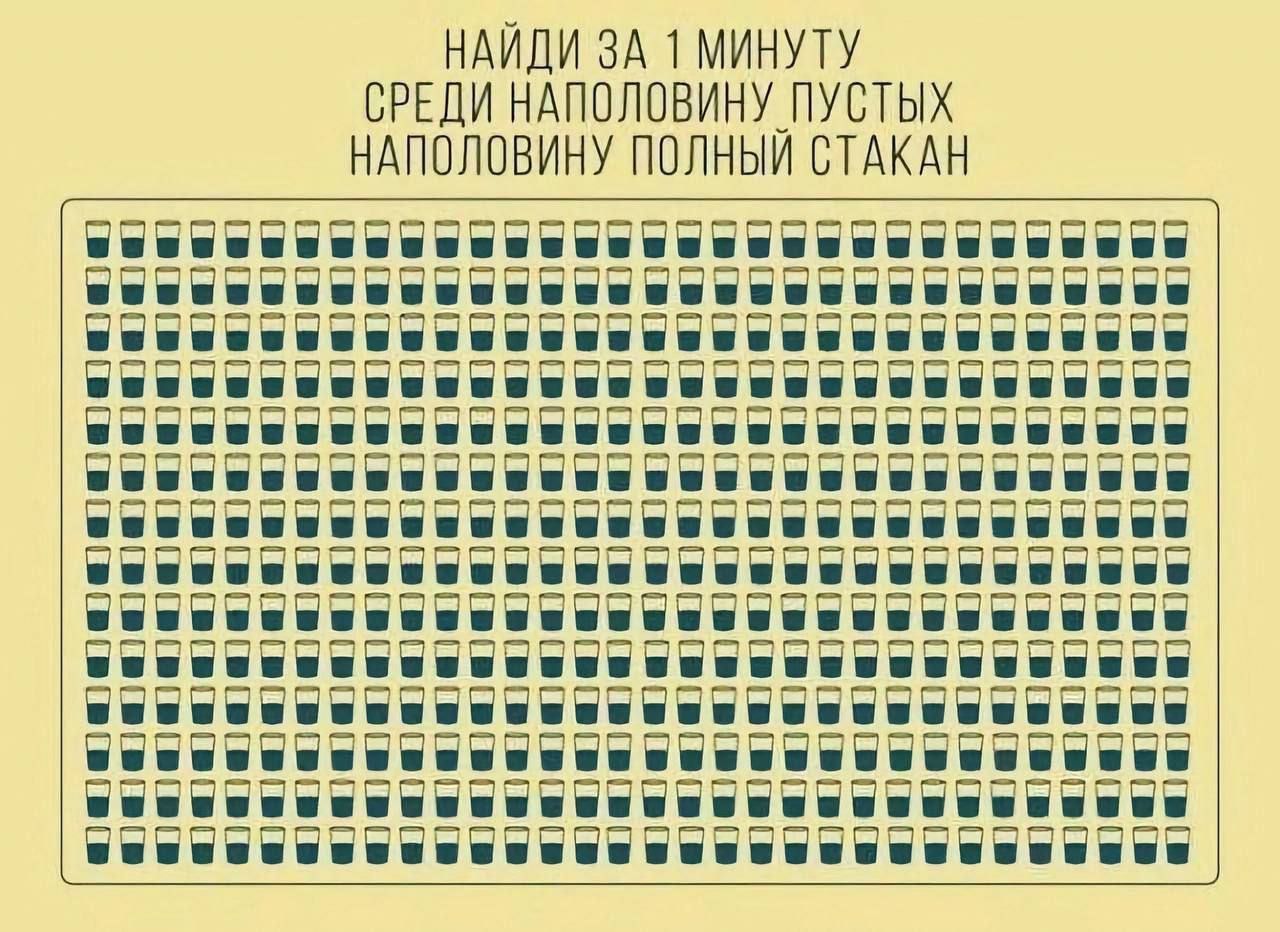 НАЙДИ ЗА 1 МИНУТУ СРЕДИ НАППЛПЕИНУ ПУСТЫХ НАПОППВИНУ ПОЛНЫЙ СТАКАН