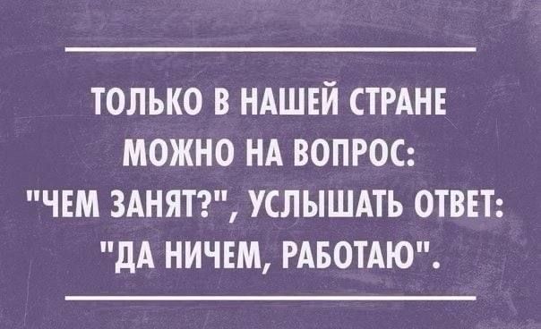 ТОЛЬКО В НАШЕЙ СТРАНЕ МОЖНО НА ВОПРОС ЧЕМ 3АНЯТ УСЛЫШАТЬ ОТВЕТ дА НИЧЕМ РАБОТАЮ