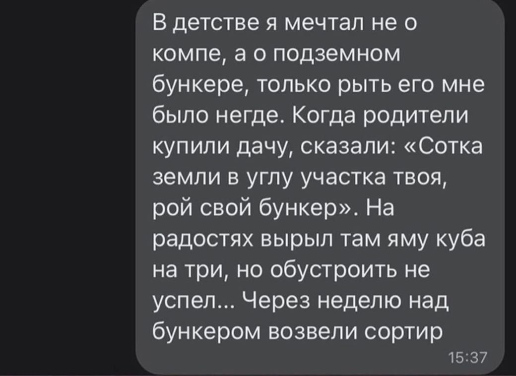 В детстве Я МЕЧТЗЛ Не 0 КОМПЕ а 0 ПОДЗЕМНОМ бункере только рыть его мне было негде Когда родители купили дачу сказали Сотка земли в углу участка твоя рой свой бункер На радостях вырыл там яму куба на три но обустроить не успел Через неделю над бункером возвели сортир 5 37