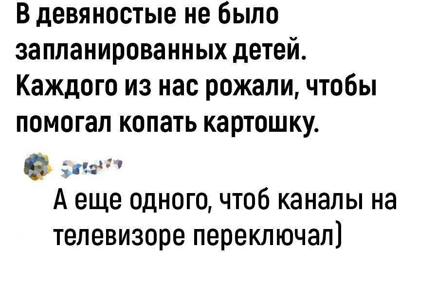 в девяностые не было запланированных детей Каждого из нас рожали чтобы помогал копать картошку да А еще одного чтоб каналы на телевизоре переключая