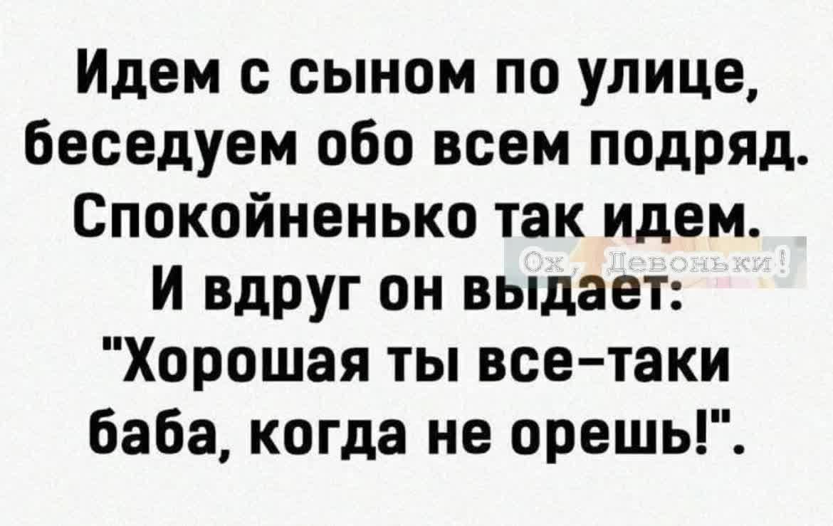 Идем с сыном по улице беседуем обо всем подряд Спокойненько так идем И вдруг он выдает Хорошая ты все таки баба когда не орешь