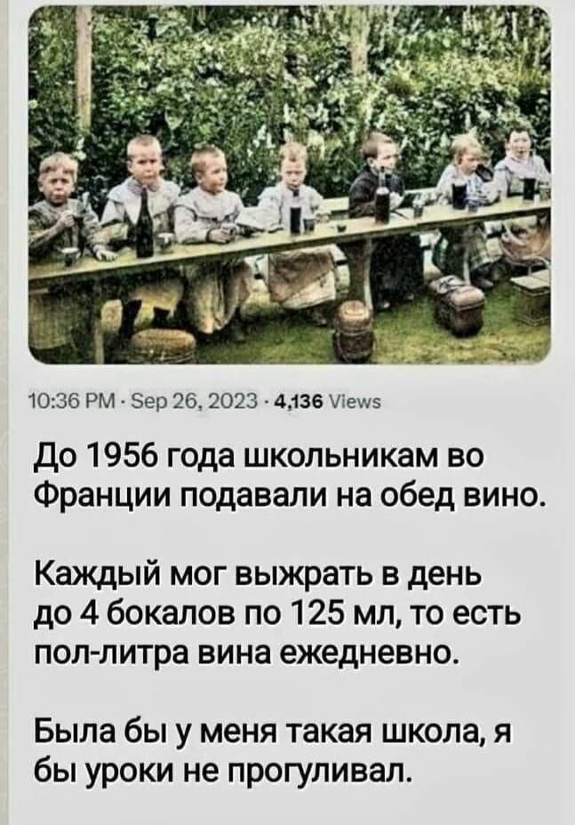 1036 РМ Эер 26 2023 4336 Иен5 до 1956 года школьникам во Франции подавали на обед вино Каждый мог выжрать в день до 4 бокалов по 125 мл то есть пол литра вина ежедневно Была бы у меня такая школе я бы уроки не прогуливал