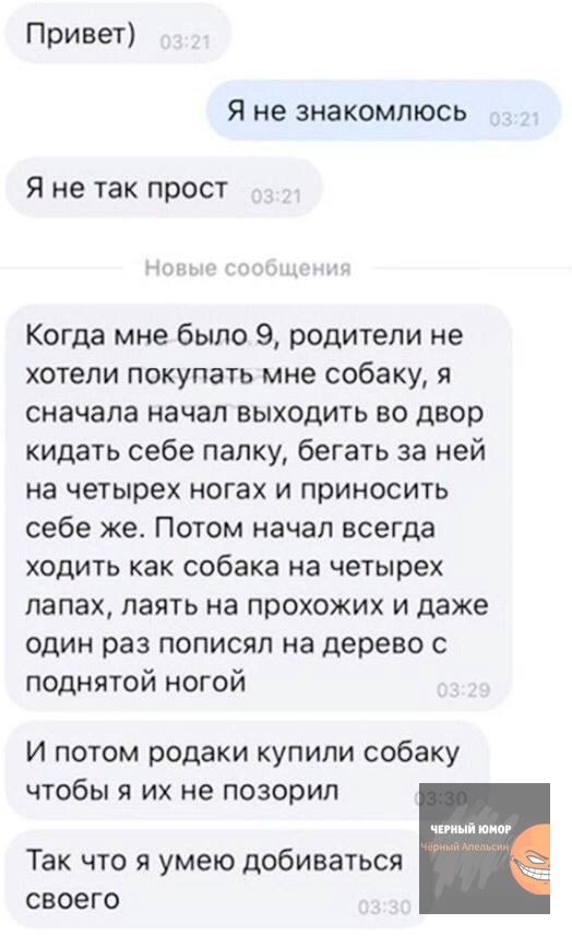 Привет Я не знакомлюсь Я не так прост Когда мне было 9 родители не хотели покупать мне собаку я сначала начал выходить во двор кидать себе папку бегать за ней на четырех ногах и приносить себе же Потом начал всегда ходить как собака на четырех лапах лаять на прохожих и даже один раз пописяп на дерево с поднятой ногой И потом родаки купипи собаку чтобы я их не поверил Так что я умею добиваться СВОЭ