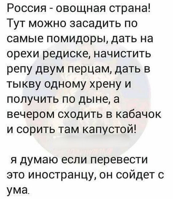 Россия овощная страна Тут можно засадить по самые помидоры дать на орехи редиске начистить репу двум перцам дать в тыкву одному хрену и получить по дыне а вечером сходить в кабачок и сорить там капустой я думаю если перевести это иностранцу он сойдет с ума