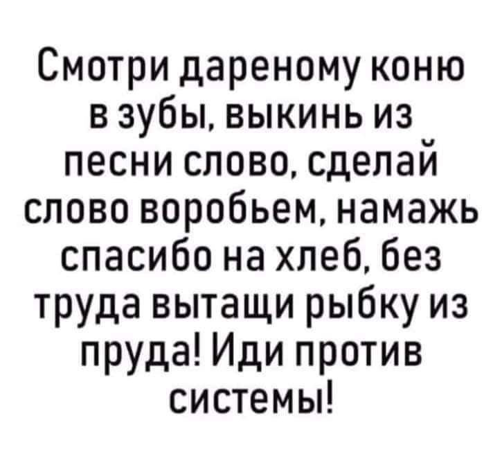 Смотри дареному коню в зубы выкинь из песни слово сделай слово воробьем намажь спасибо на хлеб без труда вытащи рыбку из пруда Иди против системы