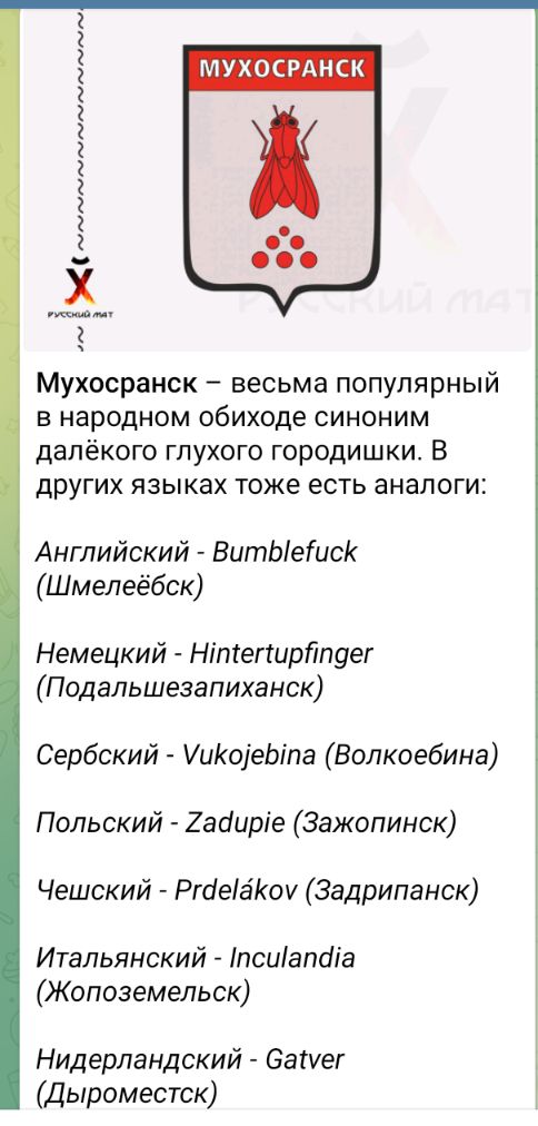 МУХОСРАНСК Мухосранск весьма популярный в народном обиходе синоним далёкого глухого городишки В других языках тоже есть аналоги Английский ВитЫеисК Шмелеёбск Немецкий Нттегирйпдег Подальшезапиханск Сербский УикоеЫта Волкоебина Польский Зайирге Зажопинск Чешский РгаеаКоу Задрипанск Итальянский псиапаа Жопоземельск Нидерландский Сауег Дыроместск