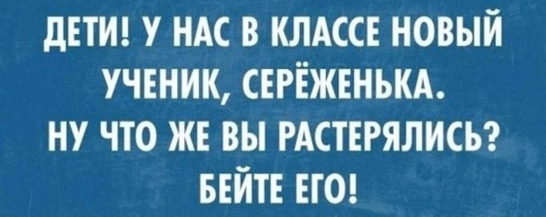 ДЕТИ У НАС В КЛАССЕ НОВЫЙ УЧЕНИК СЕРЁЖЕНЬКА НУ ЧТО ЖЕ ВЫ РАСТЕРЯЛИСЬ БЕЙТЕ ЕГО