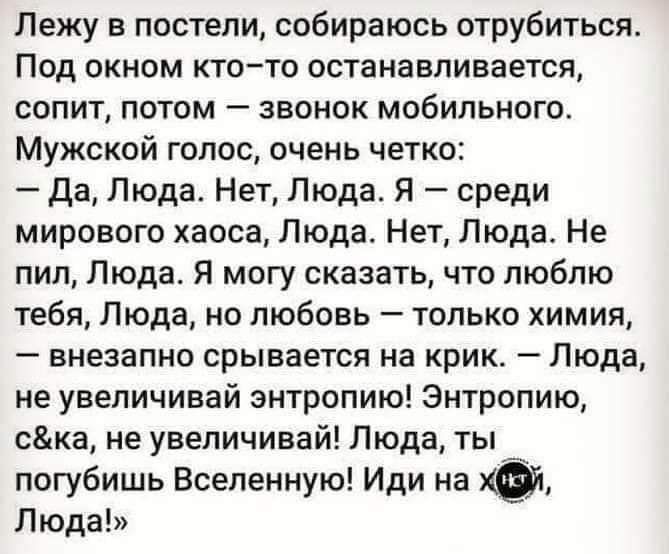 Лежу в постели собираюсь отрубиться Под окном кто то останавливается сопит потом звонок мобильного Мужской голос очень четко Да Люда Нет Люда Я среди мирового хаоса Люда Нет Люда Не пил Люда Я могу сказать что люблю тебя Люда но любовь только химия внезапно срывается на крик Люда не увеличивай энтропию Энтропию ска не увеличивай Люда ты погубишь Вс