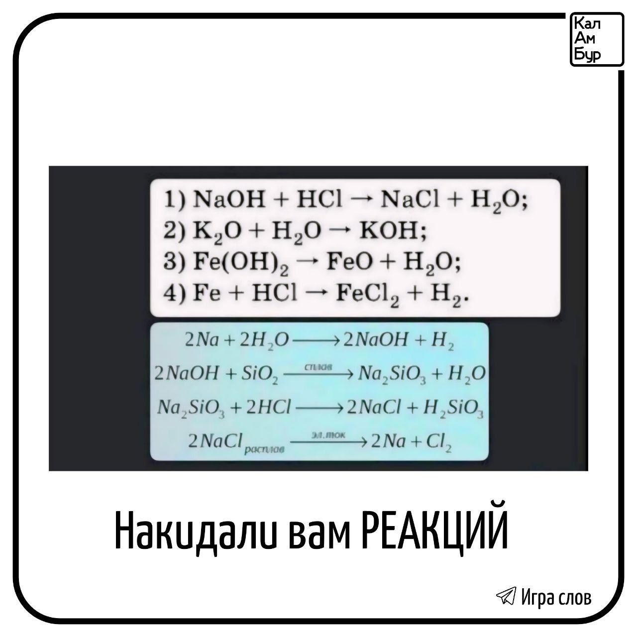 1 МаОН НС МаС1 Н0 2 к0 Н0 КОН 8 ЕеОН ЕеО Н0 4 Ее НС РеС1 Н 22Н О20Н Н 2 МОН 5Ю 5Ю НО 50 2НС 2С Н5Ю 2С ая аа 2 С Накидали вам РЕАКЦИЙ Играслов