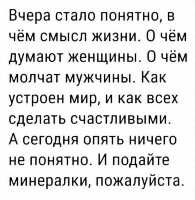 Вчера стало понятно в чём смысл жизни О чём думают женщины О чём молчат мужчины Как устроен мир и как всех сделать счастливыми А сегодня опять ничего не понятно И подайте минералки пожалуйста