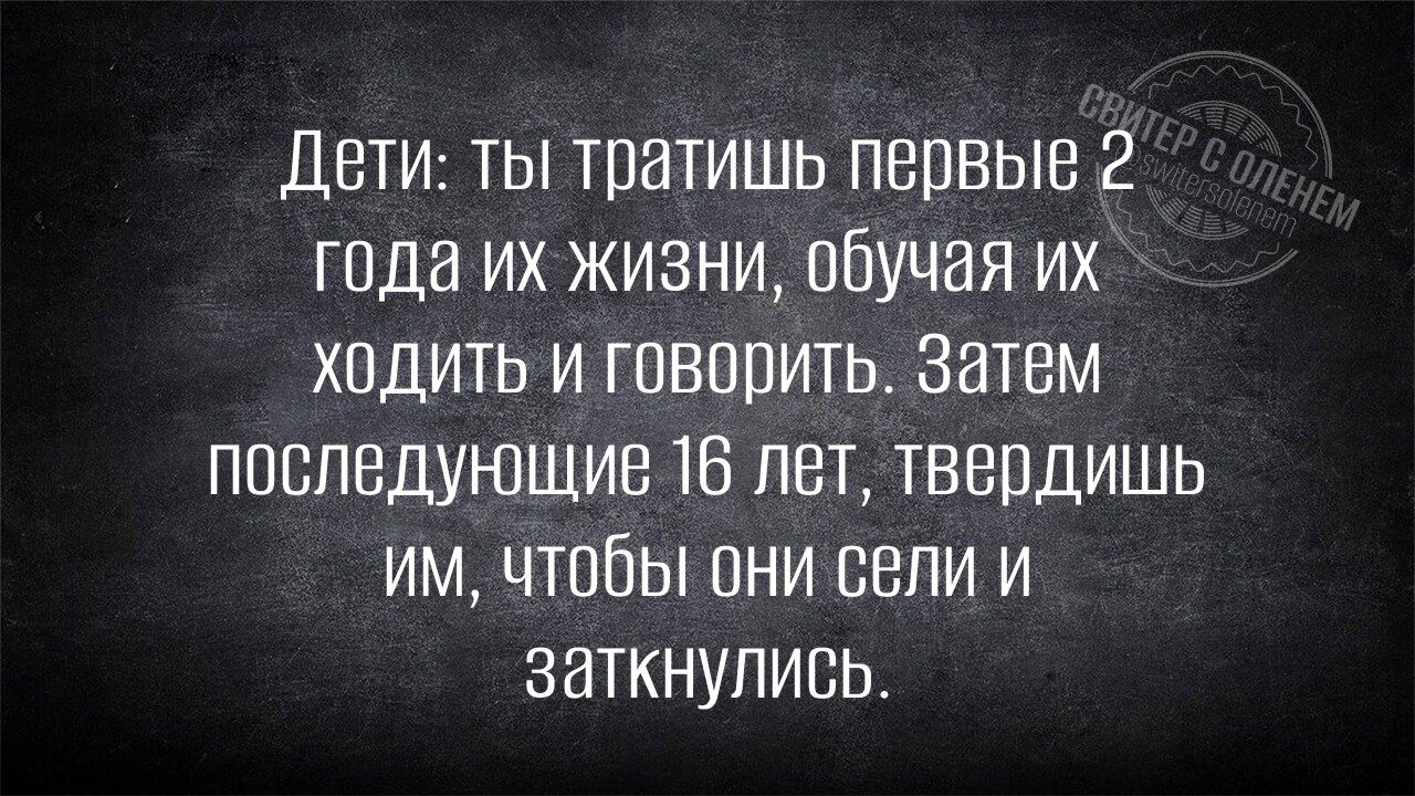 Дети ты тратишь первые 2 года их жизни обучая их ходить и говорить Затем последующие 16 лет твердишь Им Чтобы онИ Сели И заткнулись