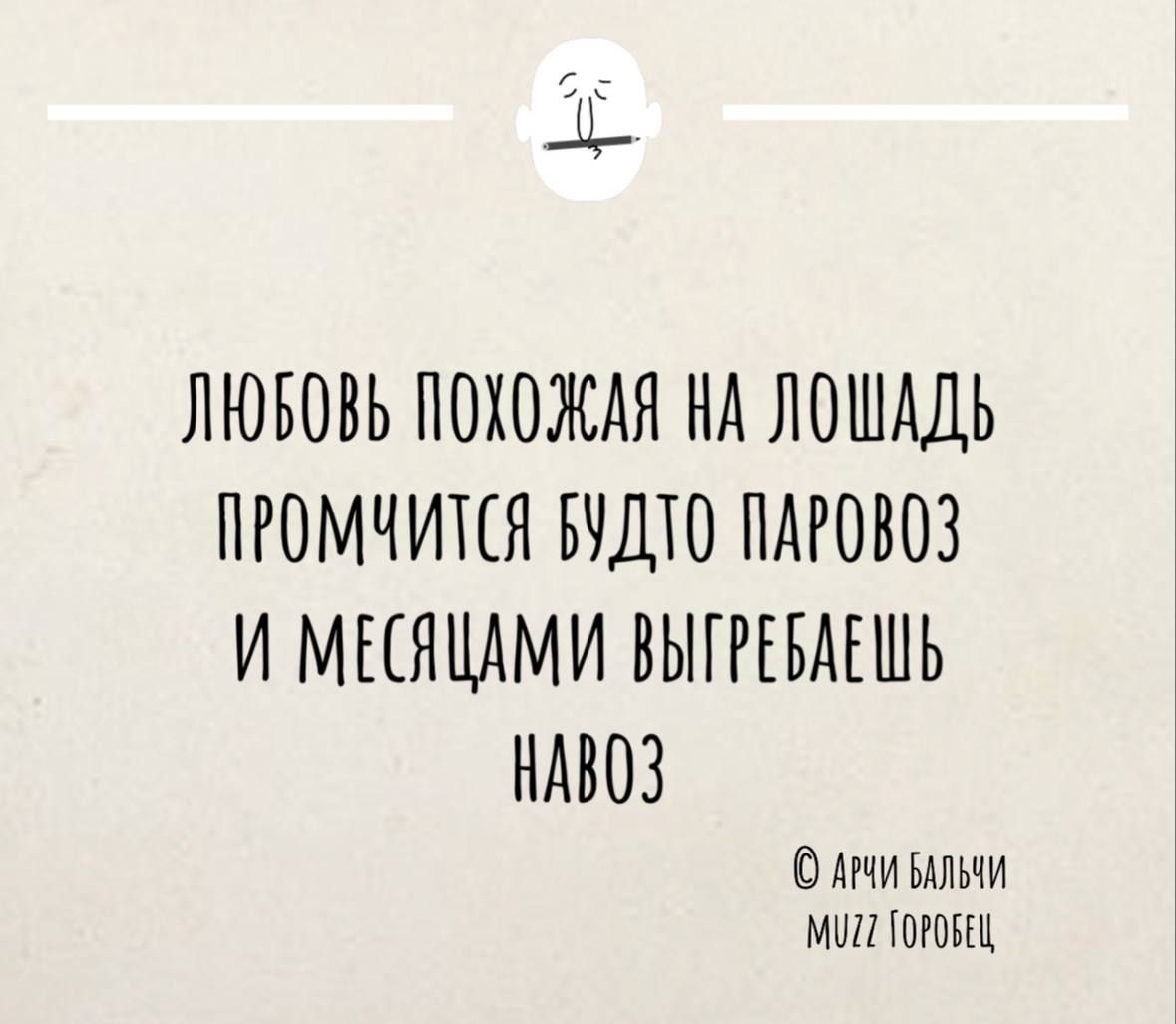 ЛЮБОВЬ ПОХОЖАЯ НА ЛОШАДЬ ПРОМЧИТСЯ ВУДТО ПАРОВОЗ И МЕСЦАМИ ВЫГРЕВАЕШЬ НАВОЗ ми ВлЫчИ МИ ГОРОВЕЦ