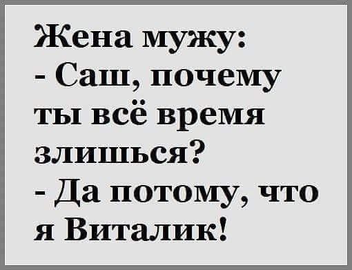 Жена мужу Саш почему ты всё время злишься Да потому что я Виталик