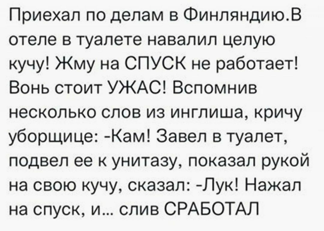 Приехал по делам в ФинляндиюВ отеле в туалете навалил целую кучу Жму на СПУСК не работает Вонь стоит УЖАС Вспомнив несколько слов из инглиша кричу уборщице Кам Завел в туалет подвел ее к унитазу показал рукой на свою кучу сказал Лук Нажал на спуск и слив СРАБОТАЛ