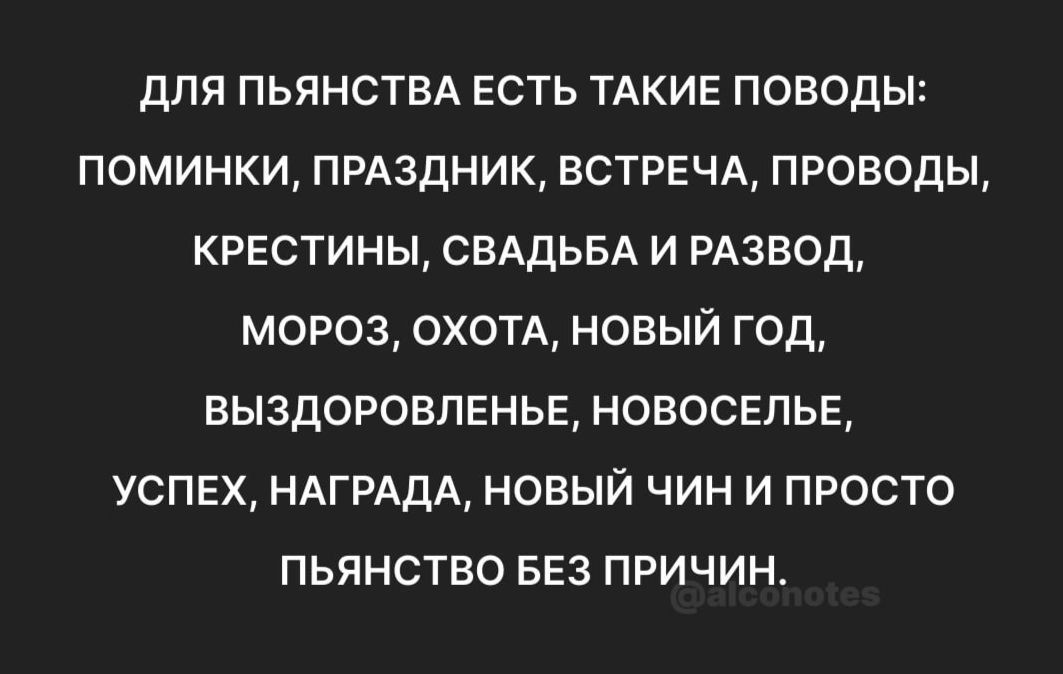 ДЛЯ ПЬЯНСТВА ЕСТЬ ТАКИЕ ПОВОДЫ ПОМИНКИ ПРАЗДНИК ВСТРЕЧА ПРОВОДЫ КРЕСТИНЫ СВАДЬБА И РАЗВОД МОРОЗ ОХОТА НОВЫЙ ГОД ВЫЗДОРОВЛЕНЬЕ НОВОСЕЛЬЕ УСПЕХ НАГРАДА НОВЫЙ ЧИН И ПРОСТО ПЬЯНСТВО БЕЗ ПРИЧИН