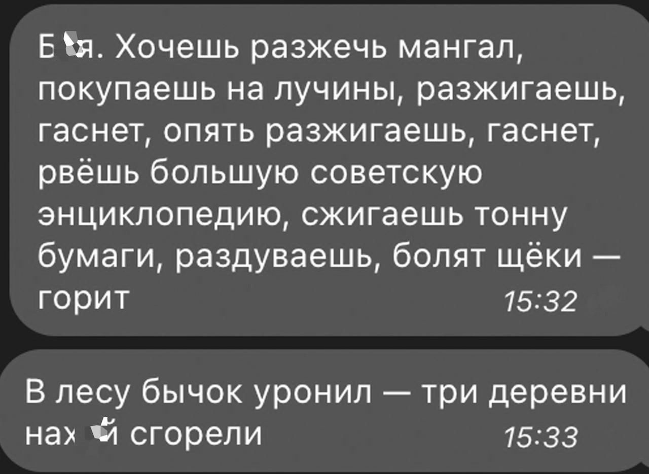 Е я Хочешь разжечь мангал покупаешь на лучины разжигаешь гаснет опять разжигаешь гаснет рвёшь большую советскую энциклопедию сжигаешь тонну бумаги раздуваешь болят щёки горит 1532 В лесу бычок уронил три деревни нах й сгорели 1533