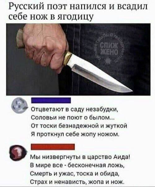 Русский поэт напился и всадил себе нож в ягодицу отцветают в саду незабудки Соловьи не поют о былом От тоски безнадежной и жуткой Я проткнул себе жопу ножом БЕЕЦаЕНЕчА Мы низвергнуты в царство Аида В мире все бесконечная ложь Смерть и ужас тоска и обида Страх и ненависть жопа и нож