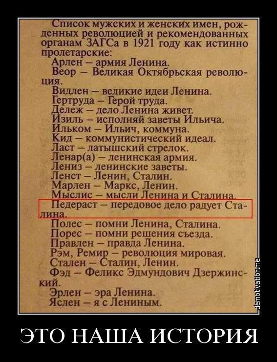 Список мужских и женских имен рож денных революцией и рекомендованных органам ЗАГСа в 1921 году как истинно пролетарские Арлен армия Ленина Вёор Великая Октябрьская револю ция Видлен великие идеи Ленина Гертруда Герой труда Дележ дело Ленина живет зиль исполняй заветы Ильича Ильком Ильич коммуна Кид коммунистический идеал Ласт латышский стрелок Лен