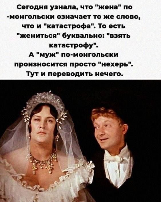 Сегодня узнала что жена по монгольски означает то же слово что и катастрофа То есть жениться буквально взять катастрофу А муж по монгольски произносится просто нехерь Тут и переводить нечего