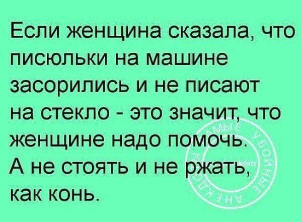 Если женщина сказала что писюльки на машине засорились и не писают на стекло это значит что женщине надо помочь А не стоять и не ржать как конь