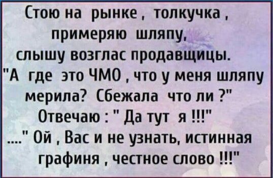 Стою на рынке толкучка примеряю шляпу слышу возглас продавщицы А где это ЧМО что у меня шляпу мерила Сбежала что ли Отвечаю Да тут я Ой Вас и не узнать истинная графиня честное слово