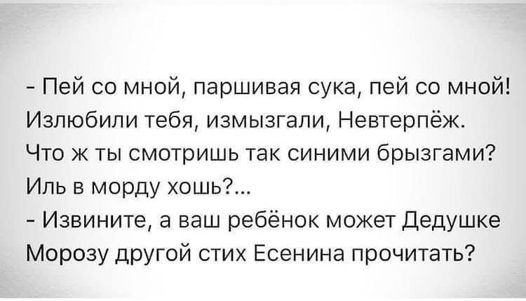 Пей со мной паршивая сука пей со мной Излюбили тебя измызгали Невтерпёж Что ж ты смотришь так синими брызгами Иль в морду хошь Извините а ваш ребёнок может Дедушке Морозу другой стих Есенина прочитать