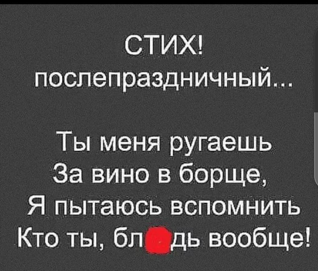 СТИХ послепраздничный Ты меня ругаешь За вино в борще Я пытаюсь вспомнить Кто ты блдь вообще