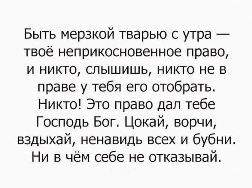 Быть мерзкой тварью с утра — твоё неприкосновенное право, и никто, слышишь, никто не в праве у тебя его отобрать. Никто! Это право дал тебе Господь Бог. Цокай, ворчи, вздыхай, ненавидь всех и бубни. Ни в чём себе не отказывай.