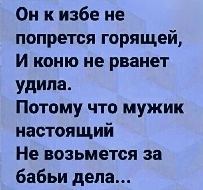 Он к избе не попрется горящей,
И коню не рванет удила.
Потому что мужик настоящий
Не возьмется за бабьи дела...